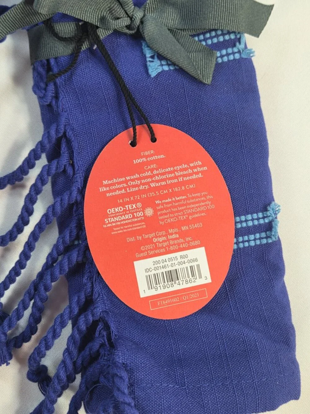 Opalhouse Cobalt Blue Cotton Table Runner Fringed Tassel Coastal Boho 14x72 NWT